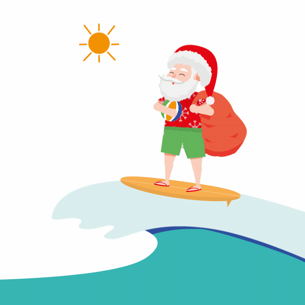 Santa Claus on a surfboard with a bag of presents. 