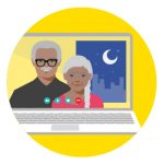 Icon of man and women video chatting to represent how to stay connected to family and friends